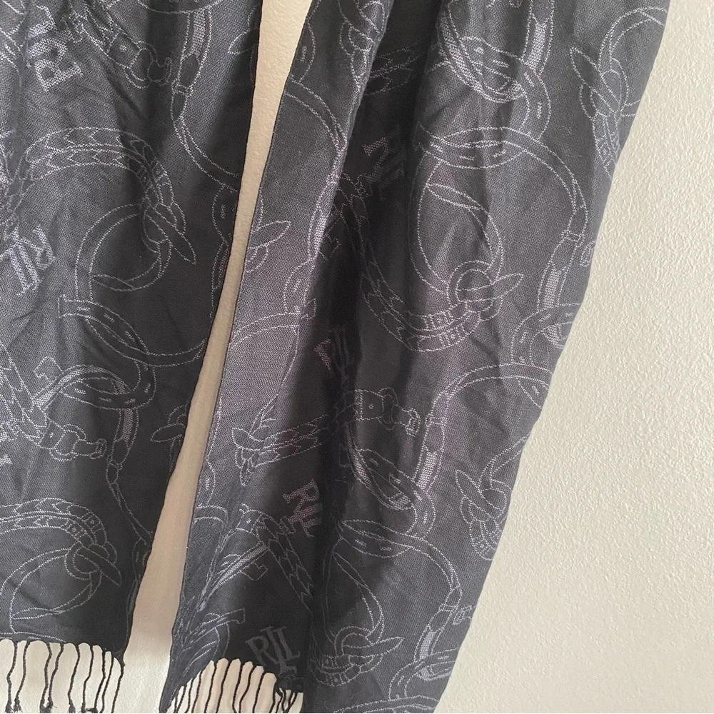 Lauren Ralph Lauren Black and Gray Equestrian Logo Knit Scarf